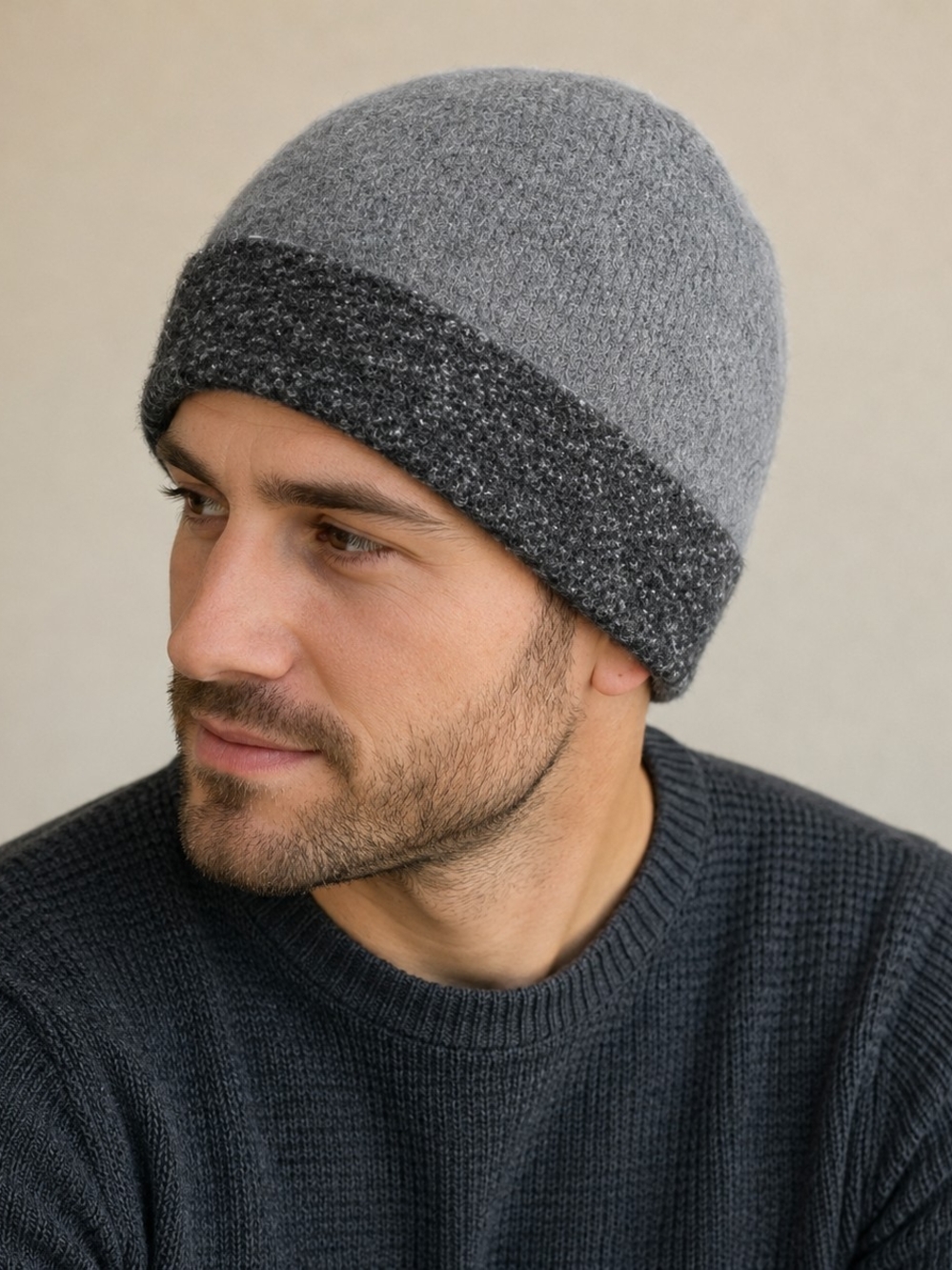 Unbranded Gray Felted Knit Beanie Hat Two-Tone Cuffed Winter Adult One Size